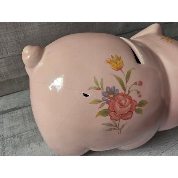Vintage Lefton Pink Ceramic Piggy Bank With Floral Design - Picture 8 of 10